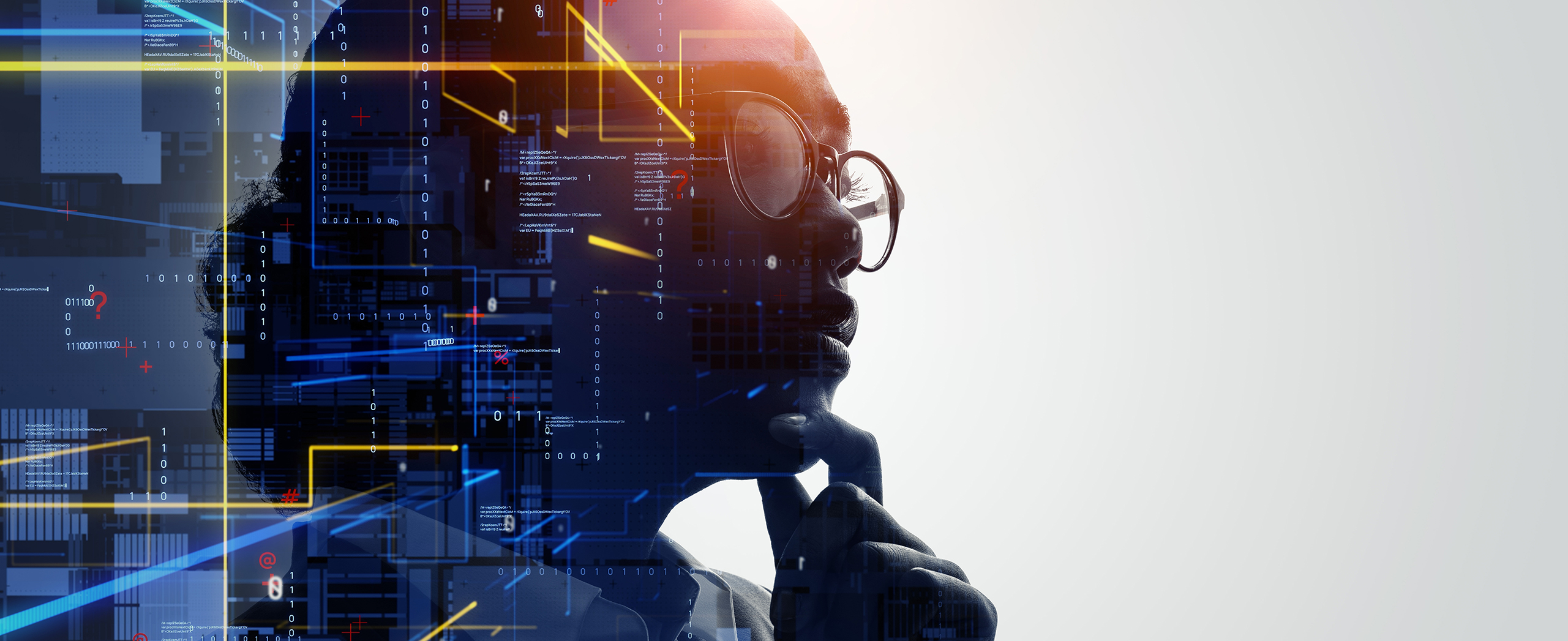 A person of colour looking thoughtful with digital graphics in front illustrating technology.