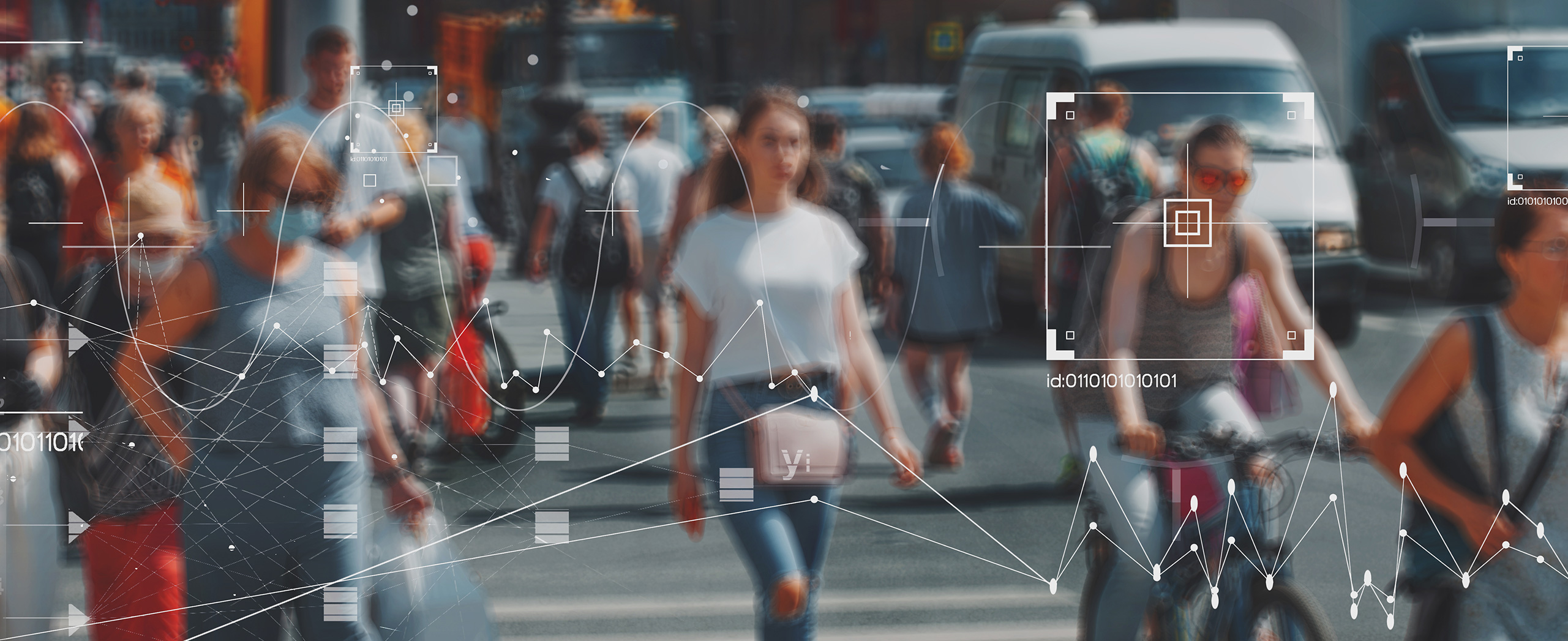 A busy city street scene with graphics depicting surveillance.