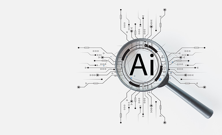 A magnifying glass with "Ai" in the middle and digital circuits spreading out on all sides.