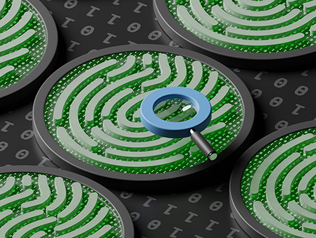 A digital fingerprint with a magnifying glass on top of it.