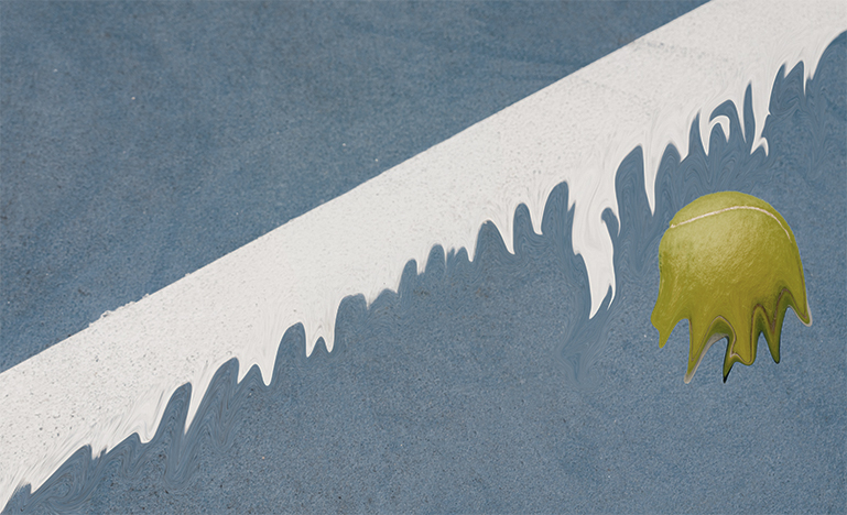 An abstract illustration of a tennis ball on a court.