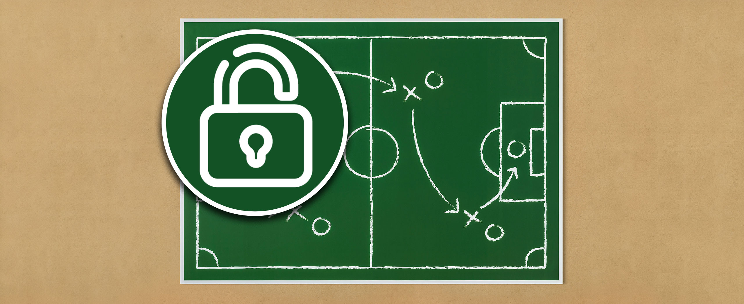 A magnifying glass with a lock in the middle hovering over a chalkboard with a soccer pitch drawn on it.
