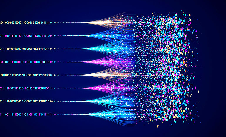 Eight streams of binary code moving from disorganized to organized sets.