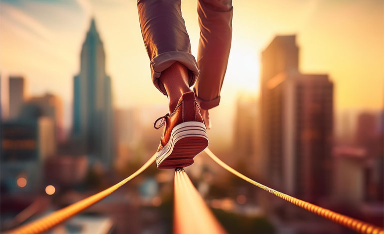 A person walking a tightrope with a city scape in the background