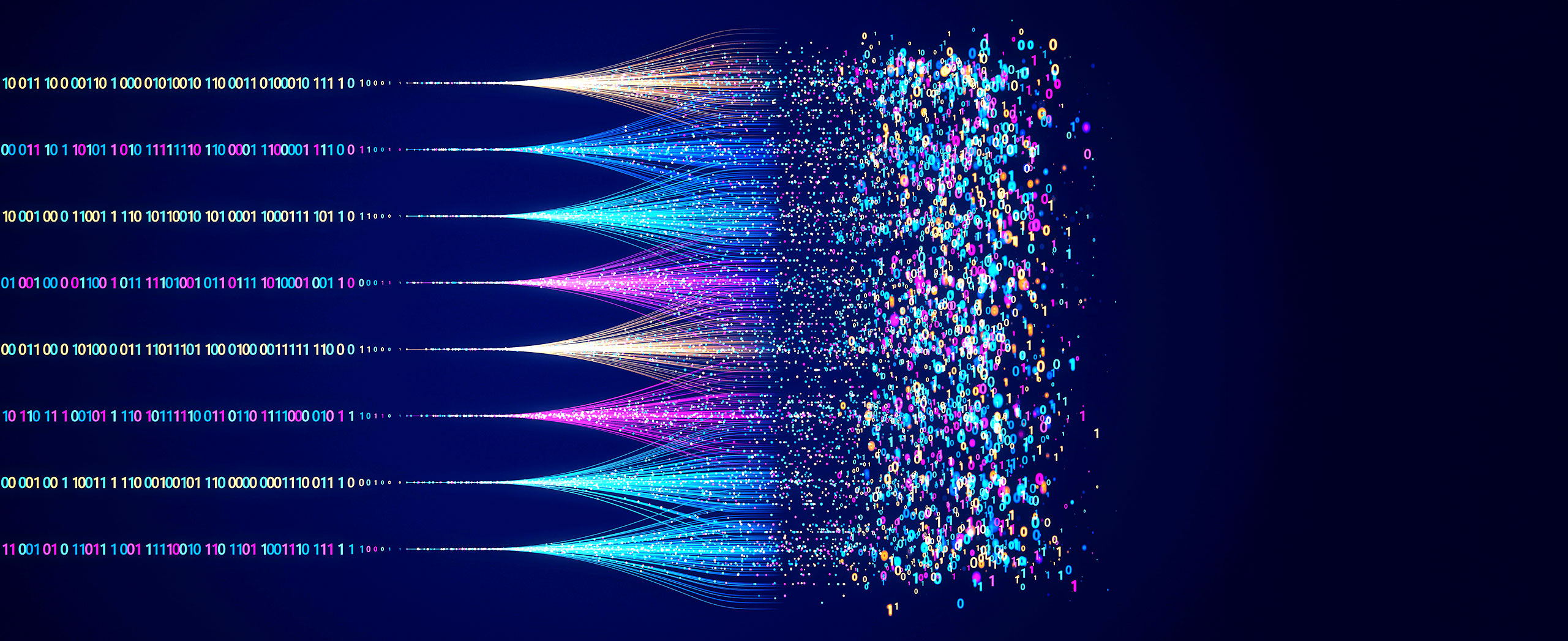 Eight streams of binary code moving from disorganized to organized sets.
