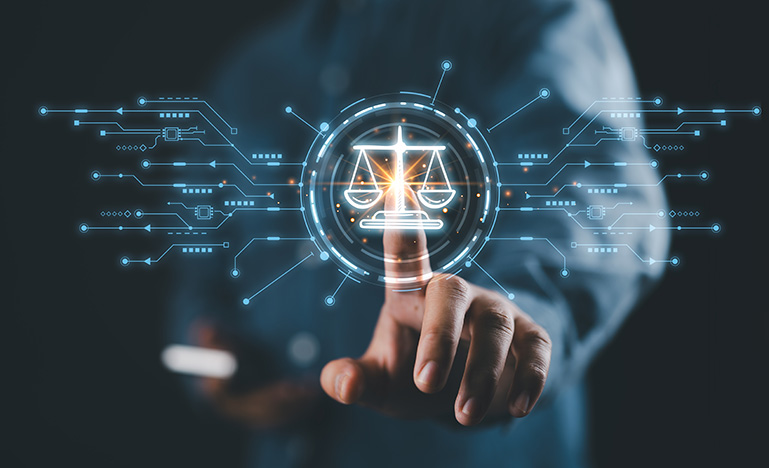 Digital illustration of a person pushing a button with the scales of justice indicating activation of AI.