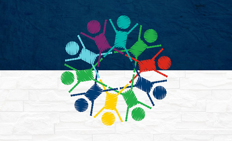 An illustration of 10 stick figures in a circle on top of a two-toned background.