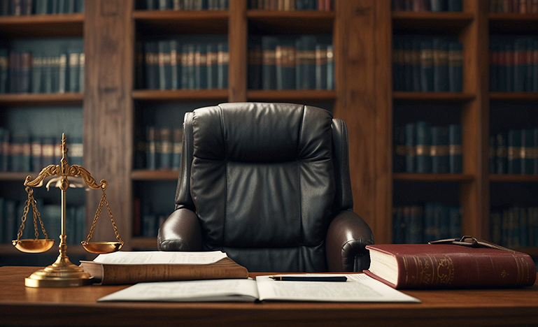 An empty leather chair behind a large wooden desk with the scales of justice and a large old book sitting on top.