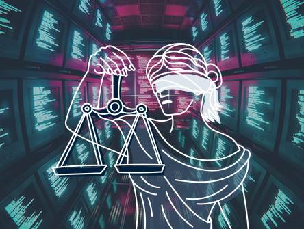 An illustration of the goddess of justice in front of a large room of computer monitors.