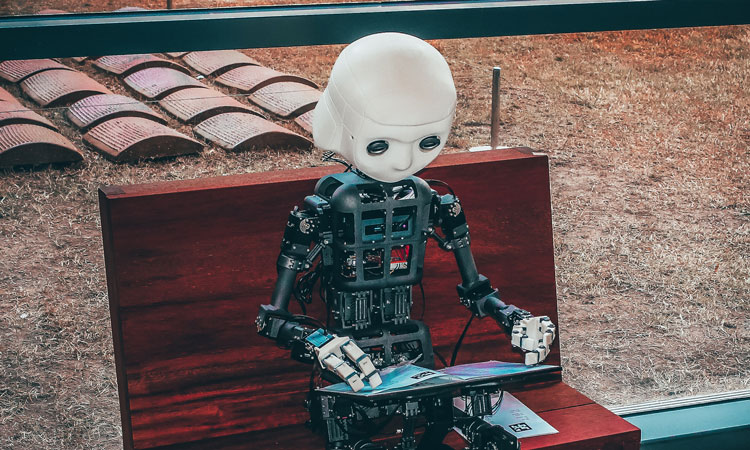 Robot using a tablet sitting on a bench