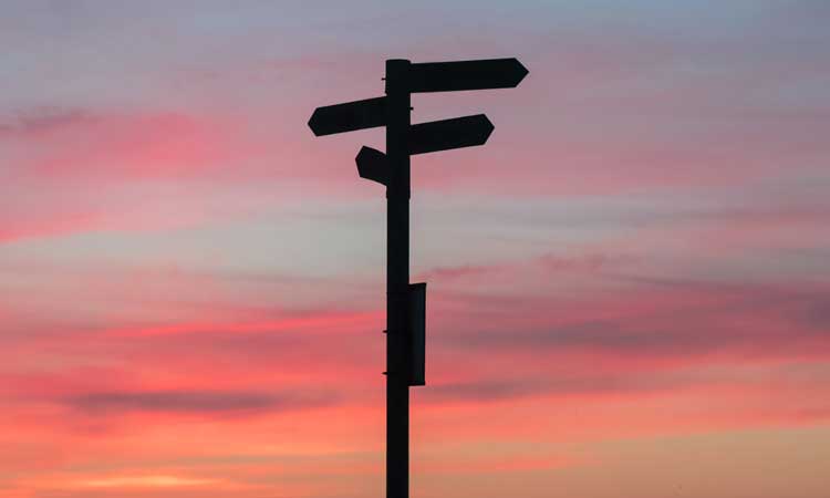 Road sign with arrows pointing in different directions n front of sunset sky