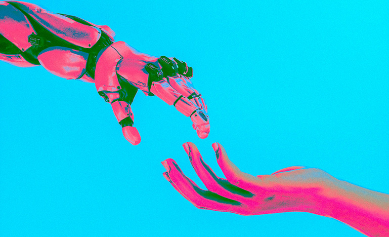 A robotic hand reaching out towards a human hand