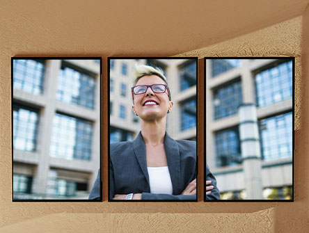 Three picture frames with a photo of a woman covering all three. 
