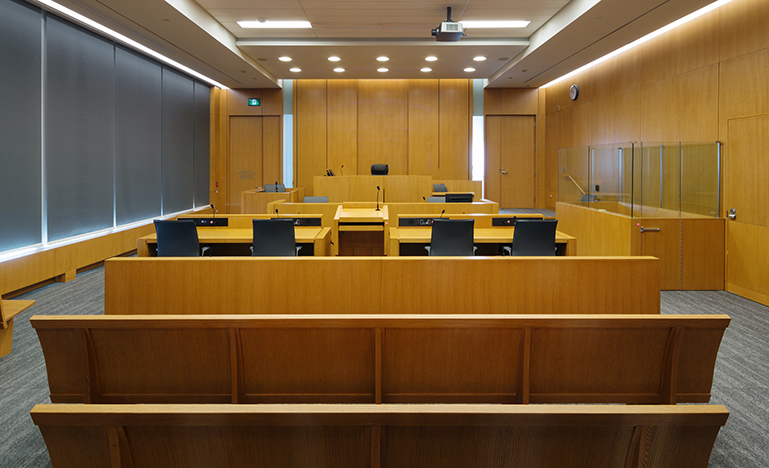 The inside of an empty courtroom.