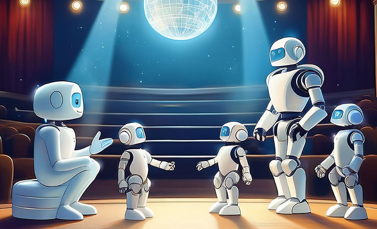 An illustration of a family of robots on a theatre stage.