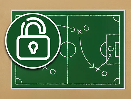 A magnifying glass with a lock in the middle hovering over a chalkboard with a soccer pitch drawn on it.