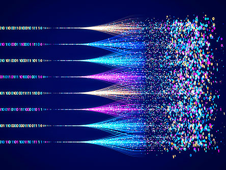 Eight streams of binary code moving from disorganized to organized sets.