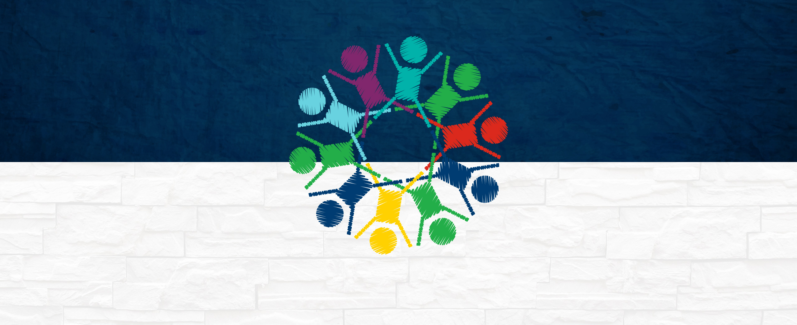 An illustration of 10 stick figures in a circle on top of a two-toned background.