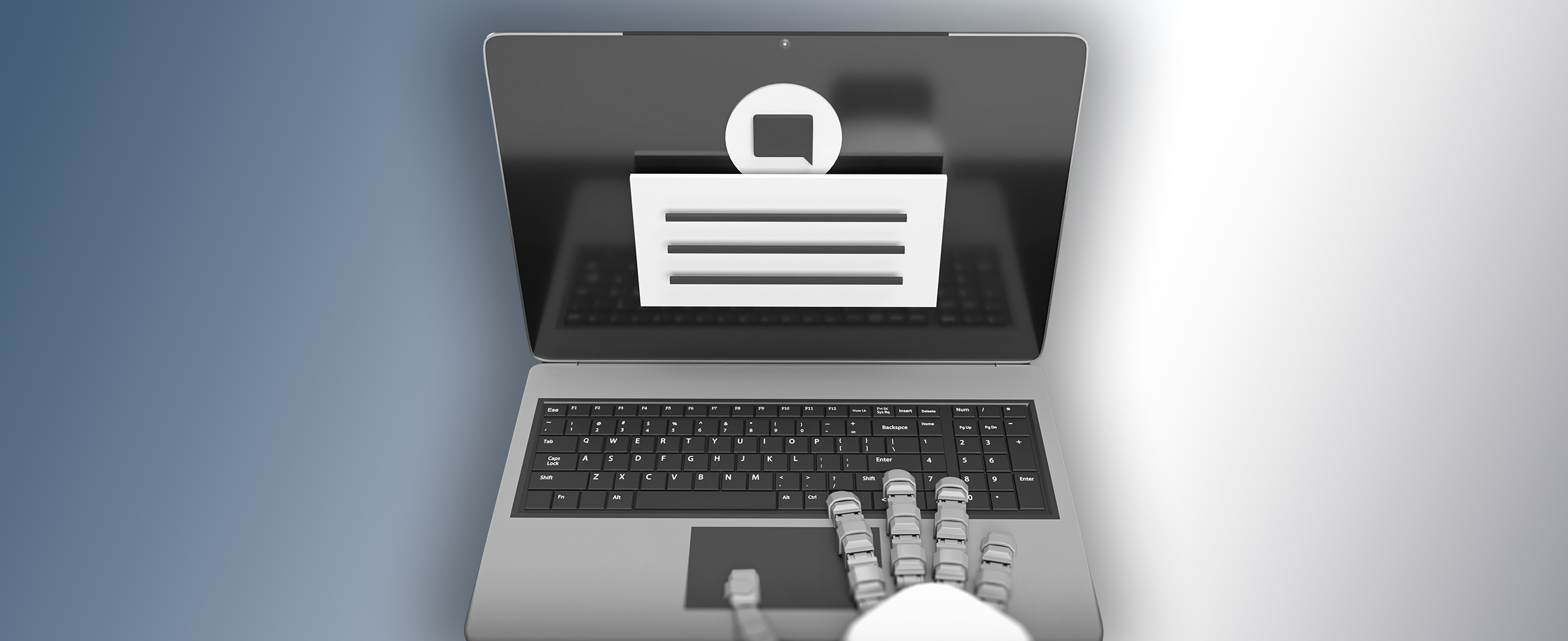 A robot hand starting to type on a laptop. 