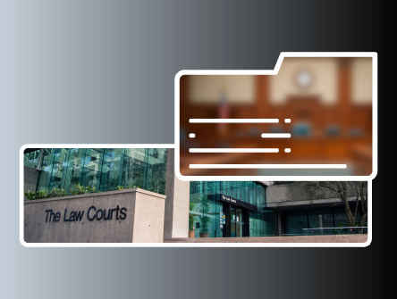 A file folder with a blurred image of an empty courtroom over a photo of The Law Courts building
