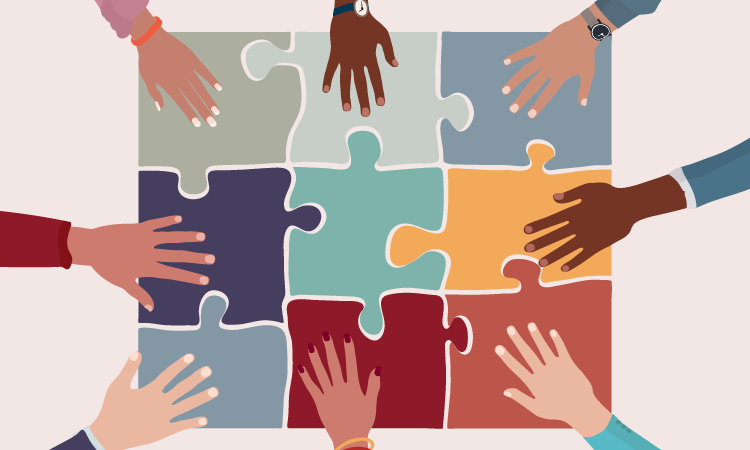 Artistic rendering of diverse hands each touching a hand to connected puzzle pieces 