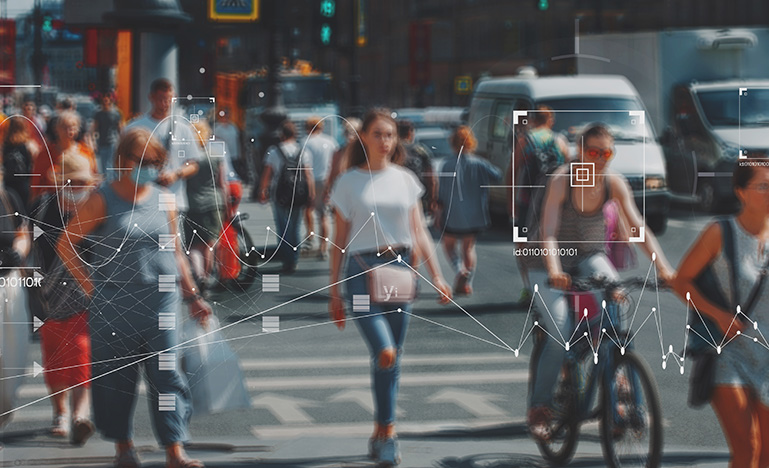 A busy city street scene with graphics depicting surveillance.