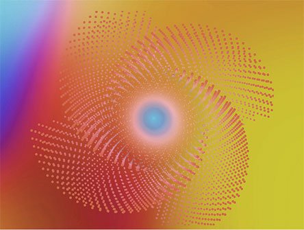 A swirl of different colours moving around a circle in the centre.