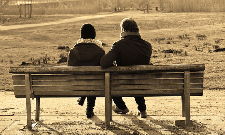 Two people sitting on a bench with their backs to the camera