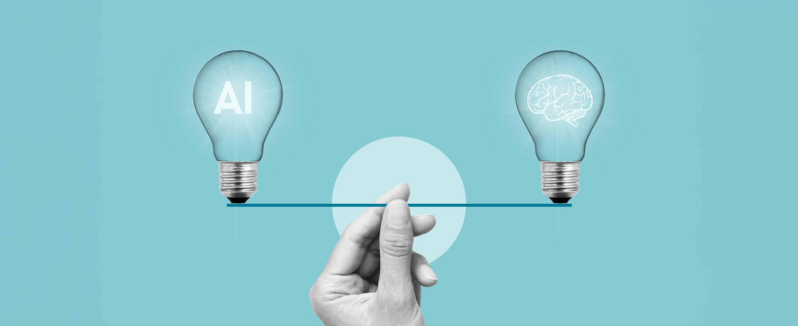 An illustration of a hand balancing two light bulbs: one with AI in the middle and the other with a brain.