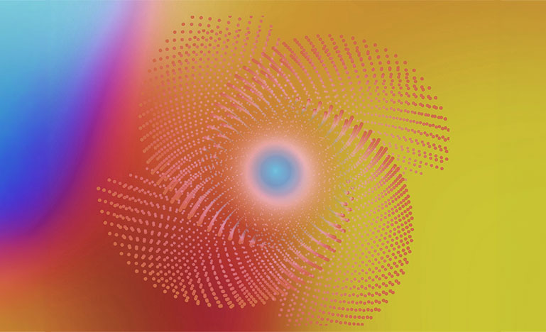 A swirl of different colours moving around a circle in the centre.