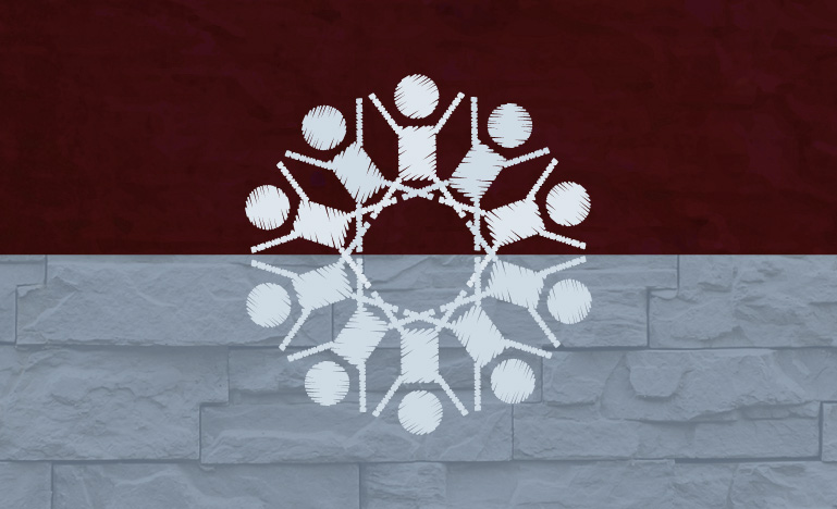 An illustration of 10 stick figures in a circle on top of a two-toned background.