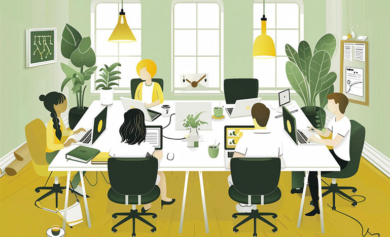 An illustration of five people sitting around a table working on computers