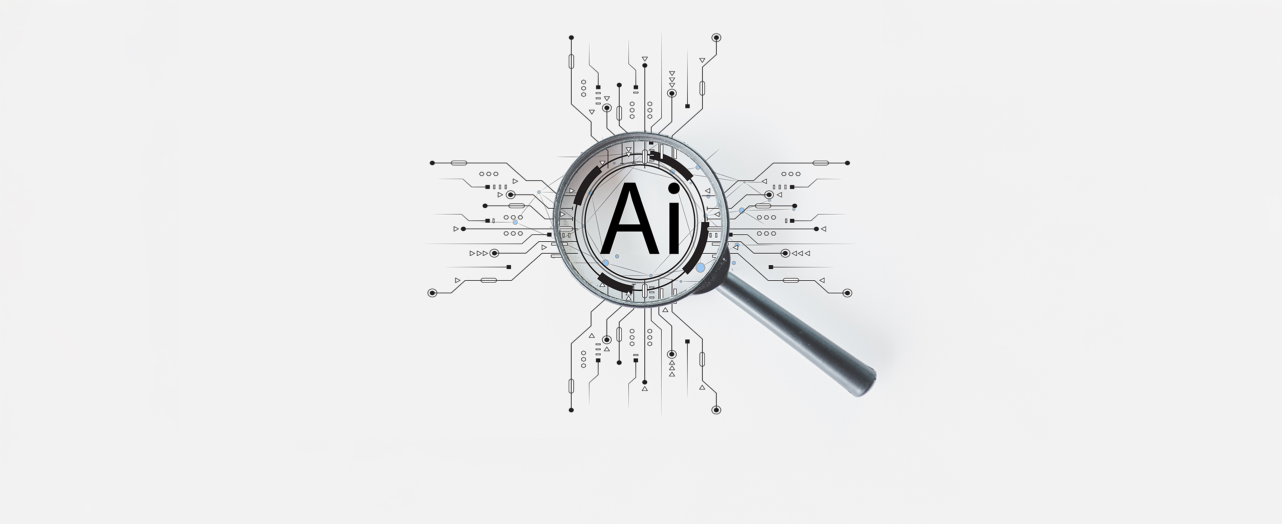 A magnifying glass with "Ai" in the middle and digital circuits spreading out on all sides.