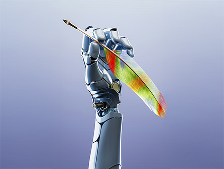 A robot hand holding a quill fountain pen.