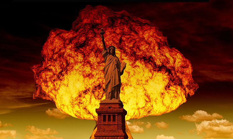 Statue of liberty in front of a red and yellow cloud of flames