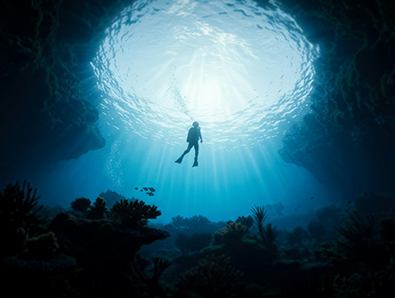 A scuba diver swimming in the ocean. 