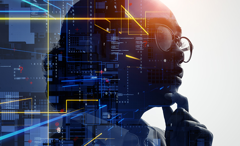 A person of colour looking thoughtful with digital graphics in front illustrating technology.