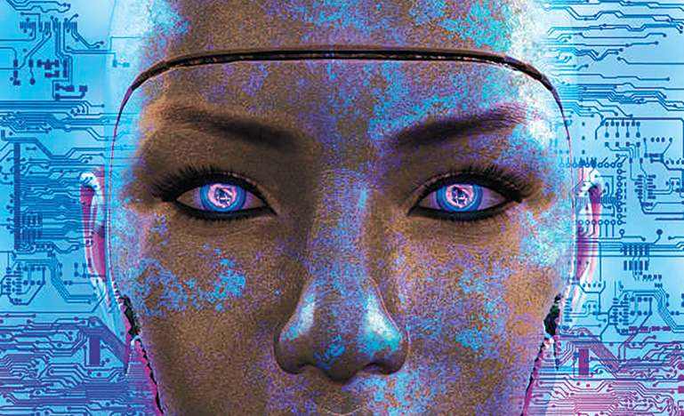 Circuit board design framing a face with glowing purple and blue eyes