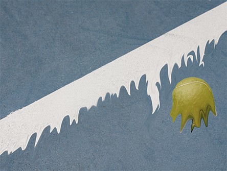 An abstract illustration of a tennis ball on a court.