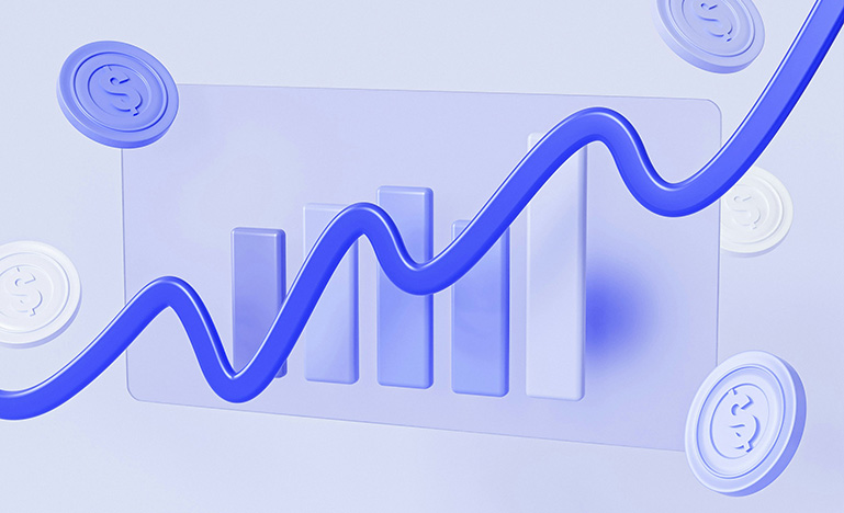 A 3D graphic of a line and bar graph showing increasing funds.