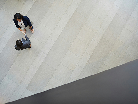 An aerial view of two professionals shaking hands making an agreement.