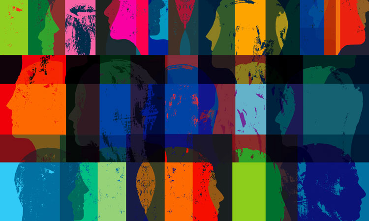 Silhouettes of faces overlaid with colourful checkered pattern