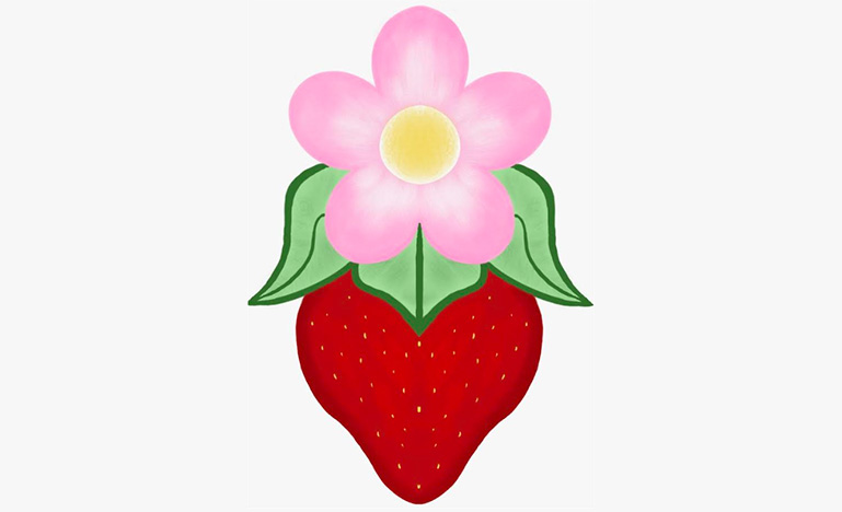 A painting of a flower connected to a strawberry.