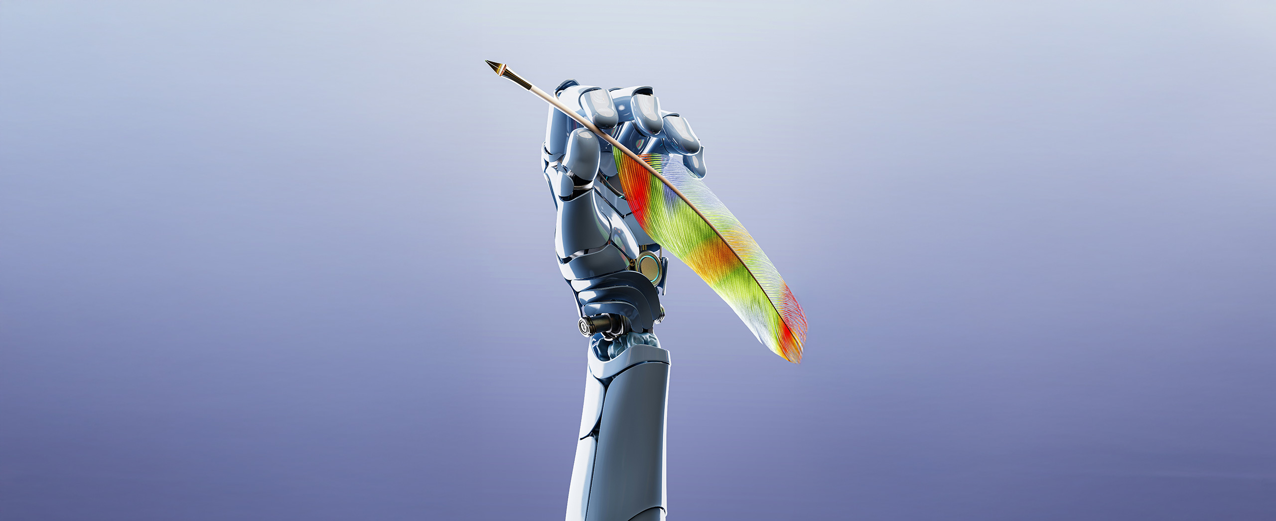 A robot hand holding a quill fountain pen.