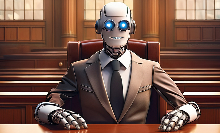 A robot lawyer sitting in a courtroom.