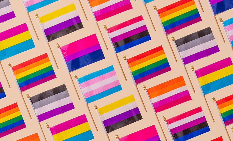 A collection of 2SLGBTQIA+ flags.